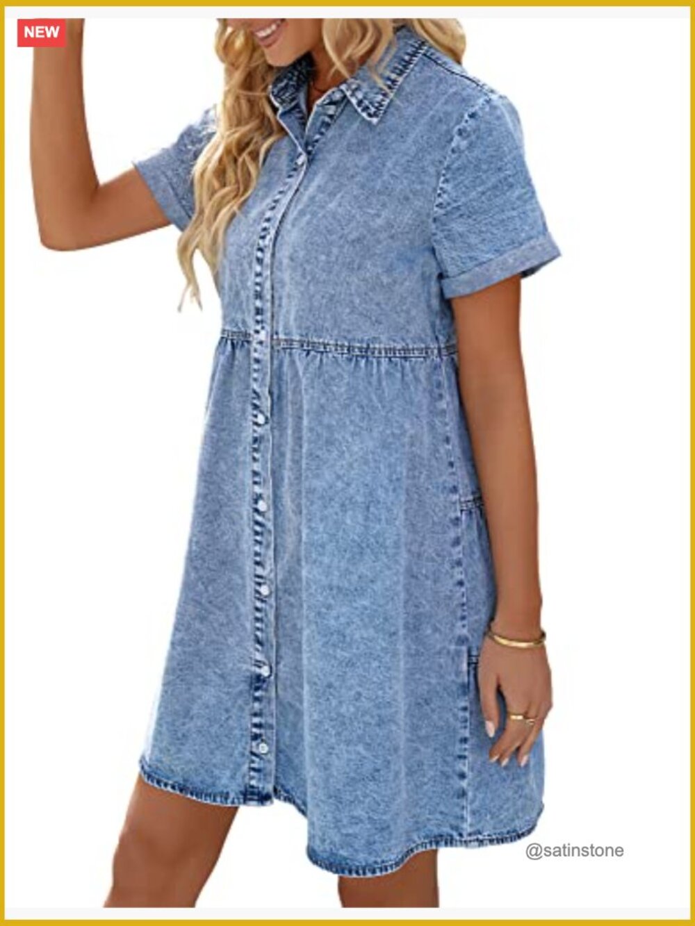 Short Sleeve Button Down Flowy Tiered Babydoll Denim Dress - Picture 4 of 7